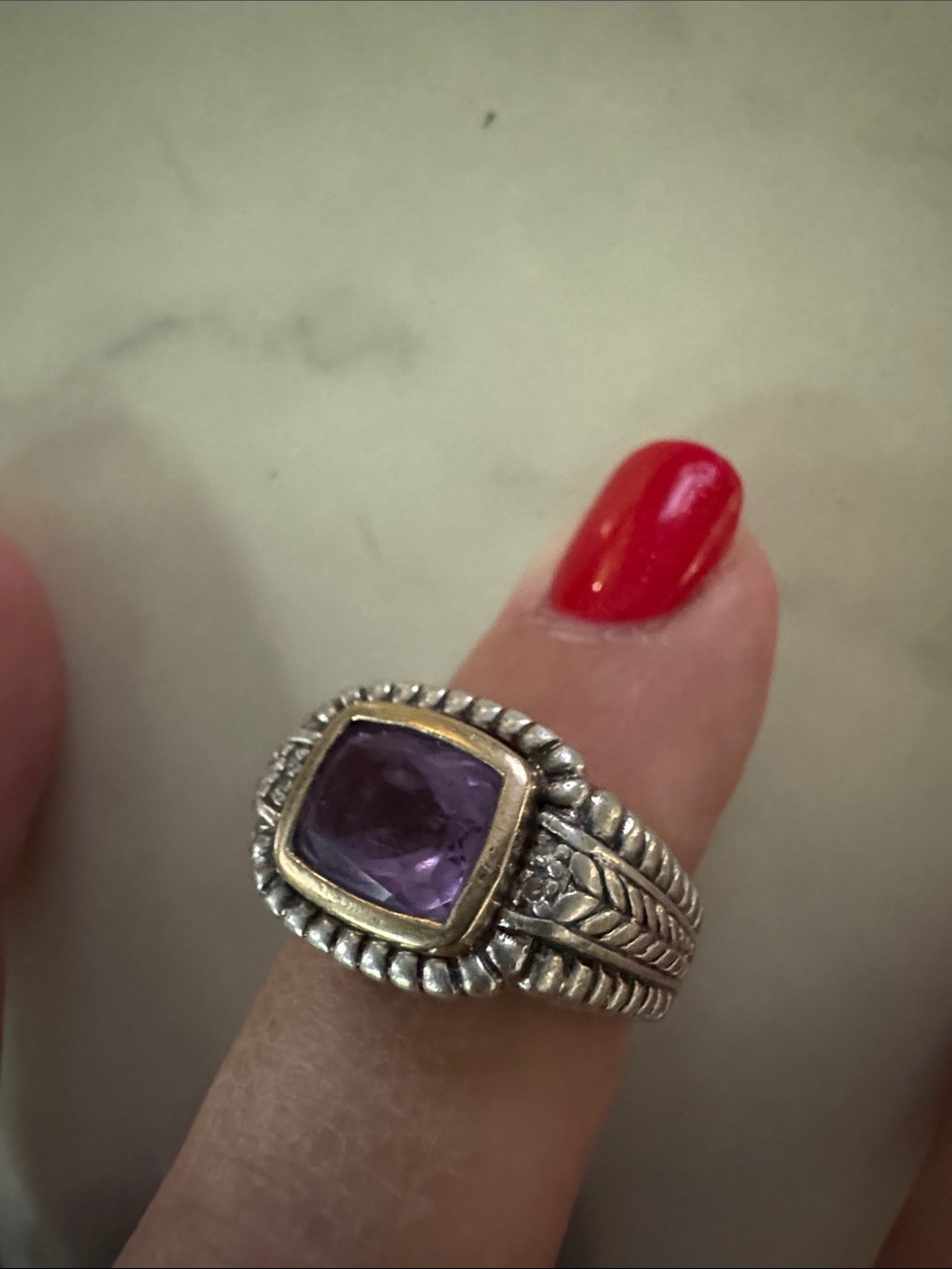 T&C 925 Sterling 14k Vintage Style Ring with Bezel Set Purple Stone - Picture 3 of 7